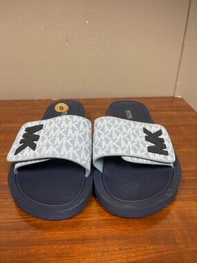 Michael Kors Slide Sandals with MK Logo Patch Navy/Light Blue Womens Size 8M